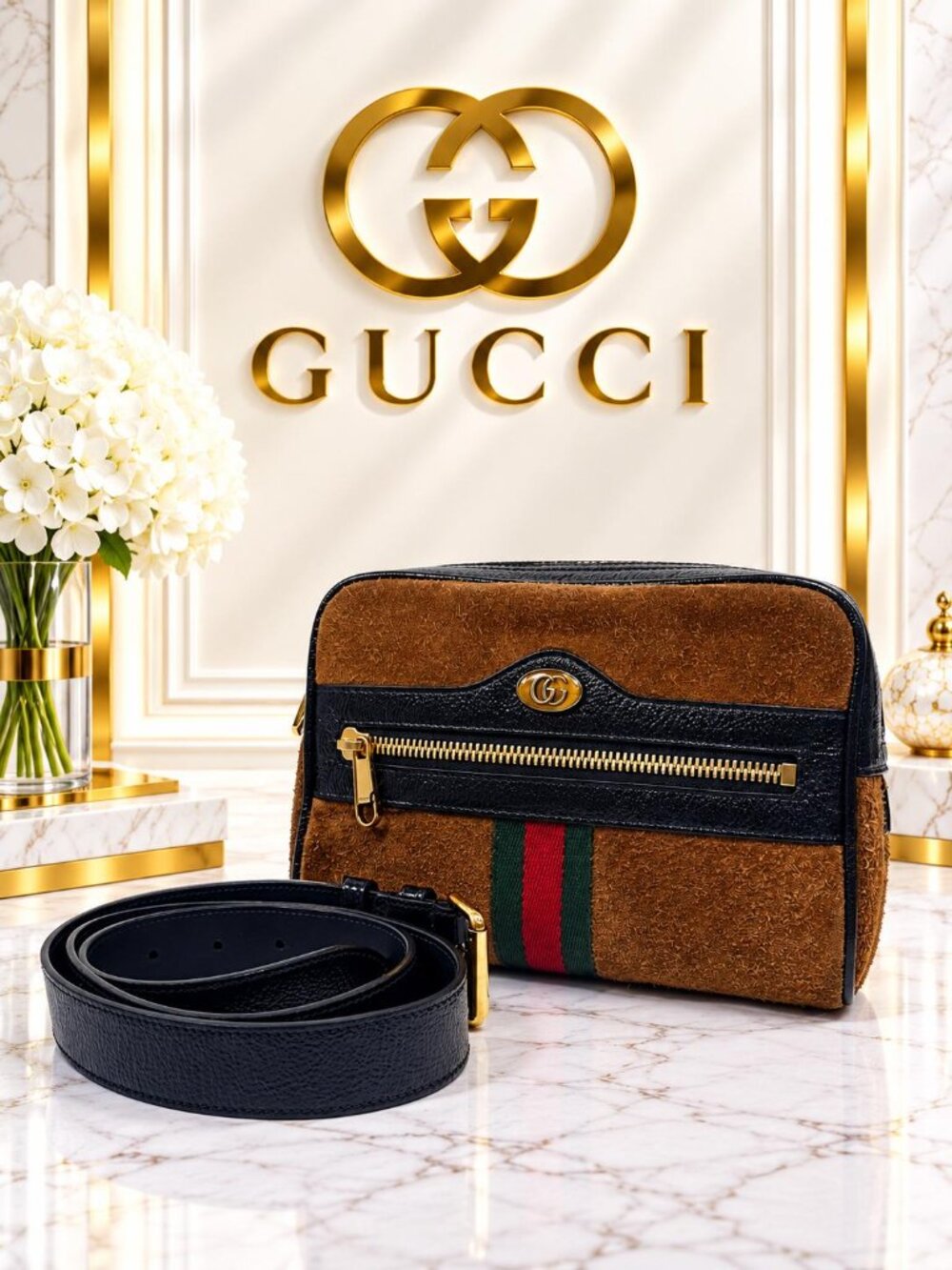 Authentic Gucci Ophidia Suede Belt Bag Brown Black Web Stripe GG Vintage Luxury